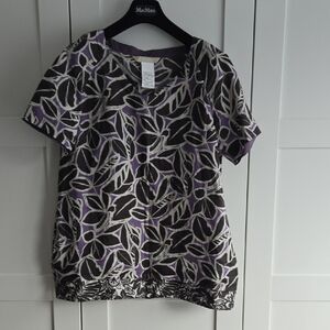 MaxMara Purple and Cream Leaf-Print Short Sleeve Linen Top size 10
